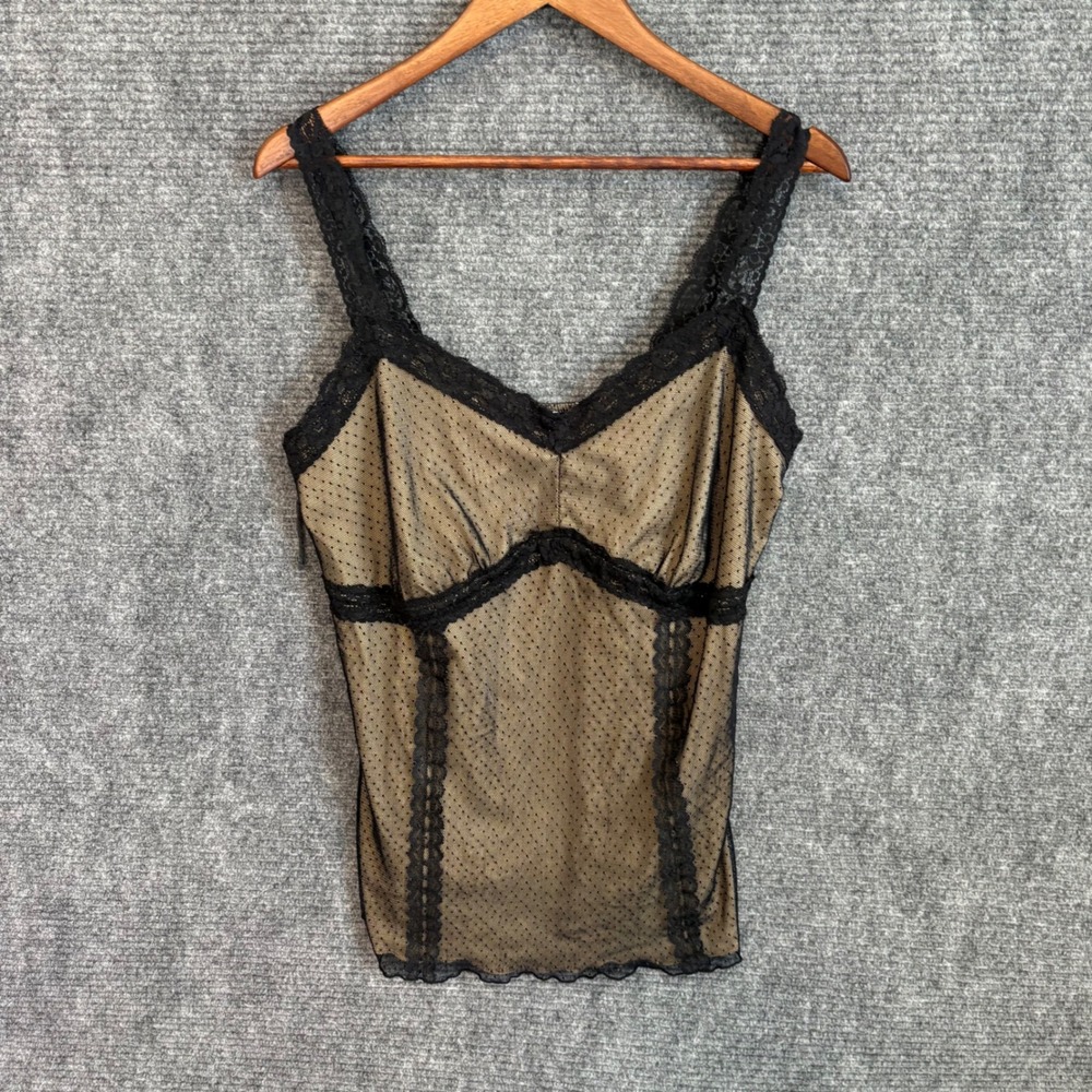 Penningtons Women 1X Camisole Top Tan Black Polka Dot Mesh Lace Trim PN-605